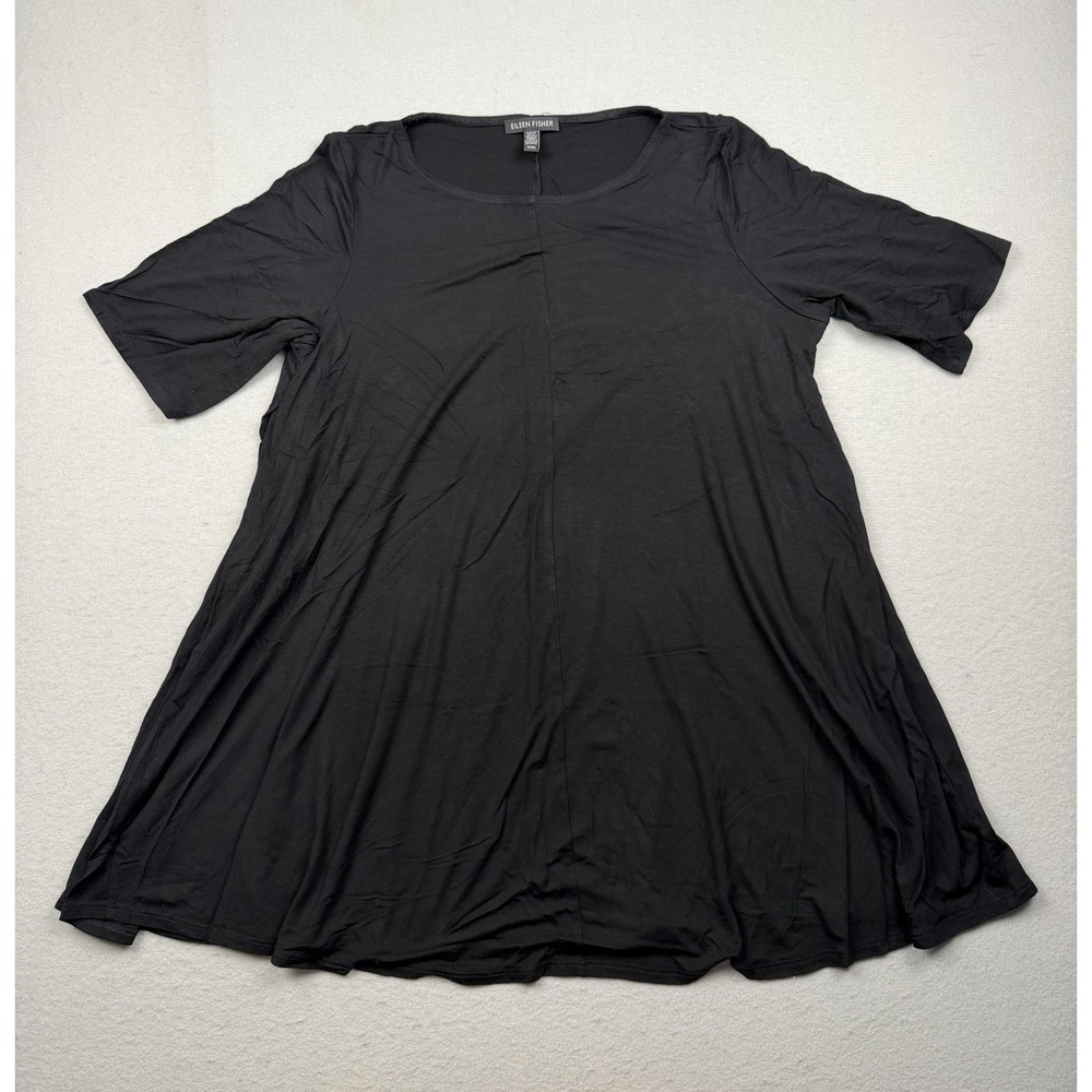 Eileen Fisher Tunic Dress M Black Jersey A-Line Scoop Neck Elbow Sleeve